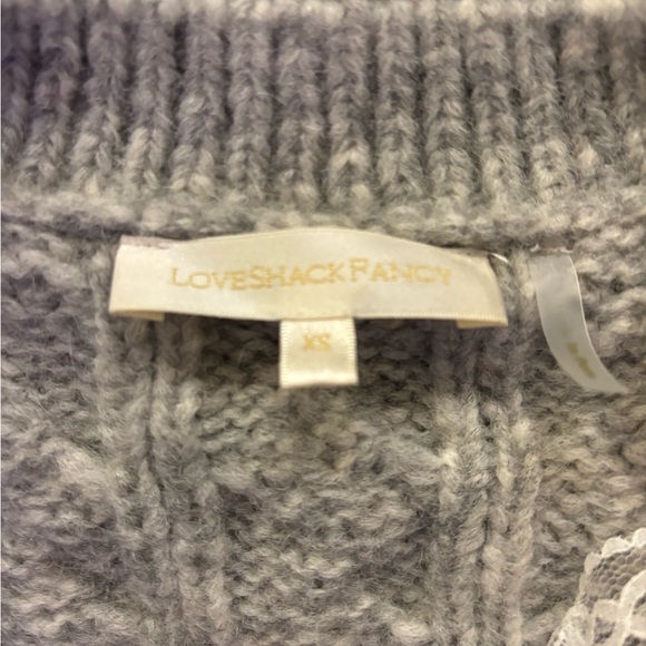 LoveShackFancy Heather Gray Cable Knit Sweater with white lace ribbon - Picture 4 of 5